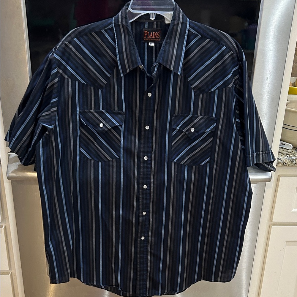 Vintage Plains Western Wear Men's Black and Blue Striped Pearl Snap Shirt
